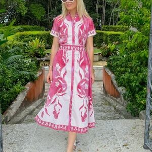 IslaPayal Pink and White Resort button up Midi Sundress